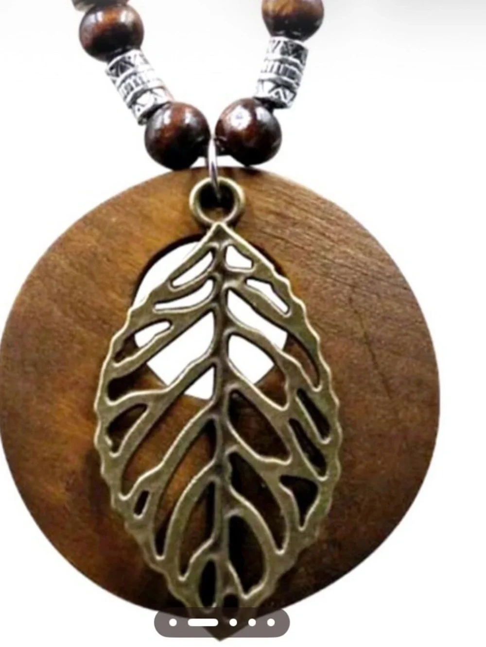 Boho Wood Leaf Pendant Necklace Long Brown Cord Beaded Gold Leaf Statement 35”